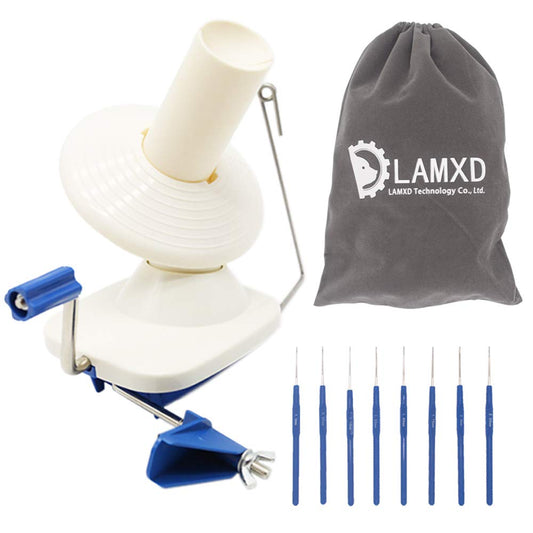 LAMXD Needlecraft Yarn Ball Winder Hand Operated,Capacity 4-Ounce,Blue,Portable Package,Easy to Set Up and Use,Sturdy with Metal Handle and Tabletop Clamp,Including 8 Sizes Crochet Hooks Set X-Small