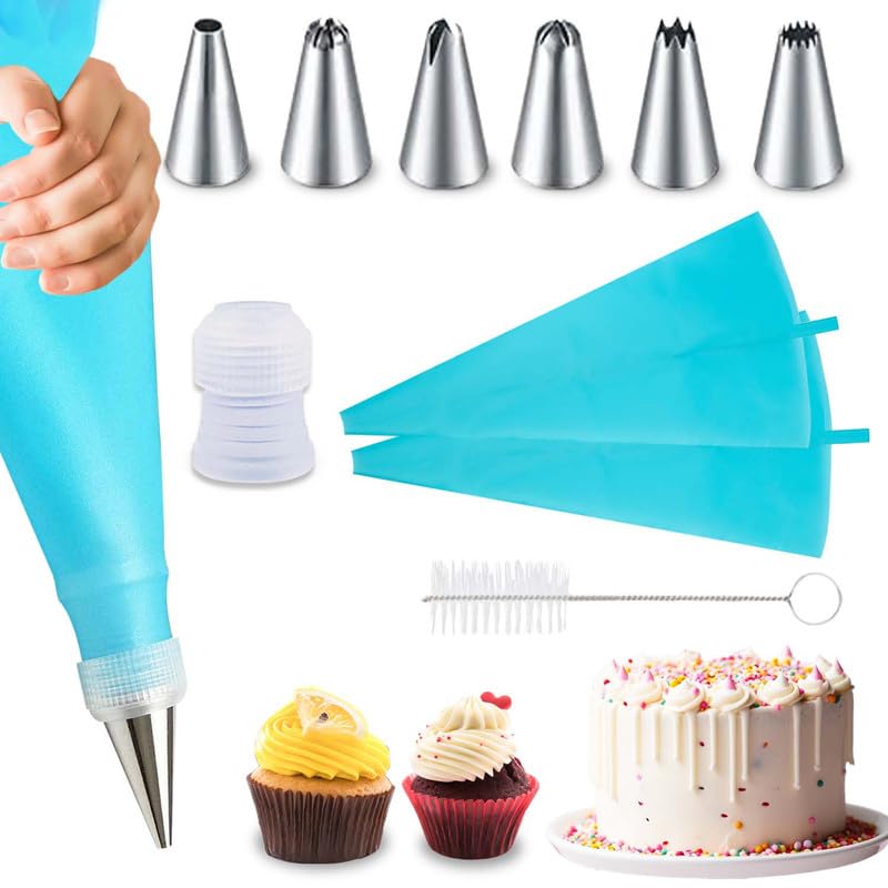 ZAHACRAFT Piping Bags and nozzles Set - 10pcs Icing Bags and Tips Set - Easter Piping Bags and Cake Decorating Supplies with 1 Brush, 1 Converter, 2 Silicone Bags, and 6 Stainless Steel Nozzles Pack of 10