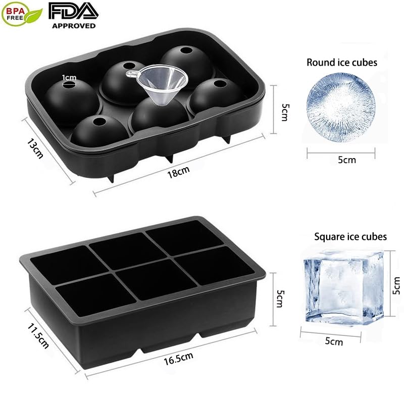 LessMo 2 Pack Ice Cube Trays, Silicone Sphere Giant Ice Ball Maker with Lid and Large Square Ice Cube Molds for Whiskey, Reusable and BPA Free 6 ICE CUBE+ 6 ICE BALL