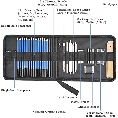 H & B Drawing Sketching Pencils Set, 35 Pack Art Kit with Sketch Book Draw Pencils Charcoal Pencil Eraser Sharpener Pencil Extender & Canvas Pencil Case for Artist Beginners Kids Adults