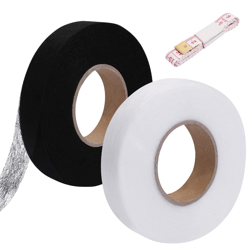 Lanjue 2 Pack 140 Yards Wonder Web Hemming Tape, 2cm Wide No Sewing Iron on Tape Roll Fabric Fusing Tape with Soft Tape Measure for Jeans Curtain Trousers Garment Cloth (Black&White) Width 2cm Black+White