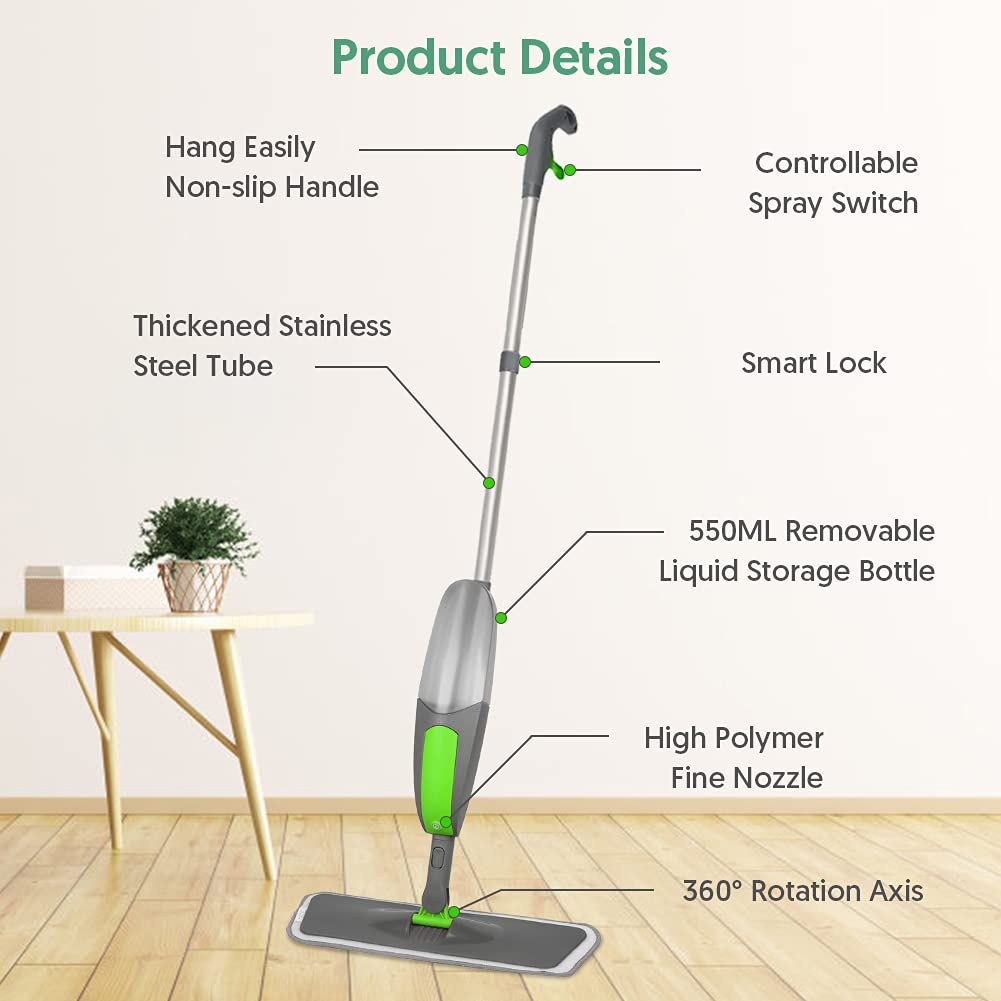 Floor Mop Spray Mops for Floor Cleaning, ILAVCOOL Microfiber Mop Dry Wet Mop Dust Mop with 3 Reusable Mop Pads 550ML Refillable Bottle for Cleaning Laminate, Tile, Wood, Hardwood Floor 1-Spray Mop-3 Mop Pads