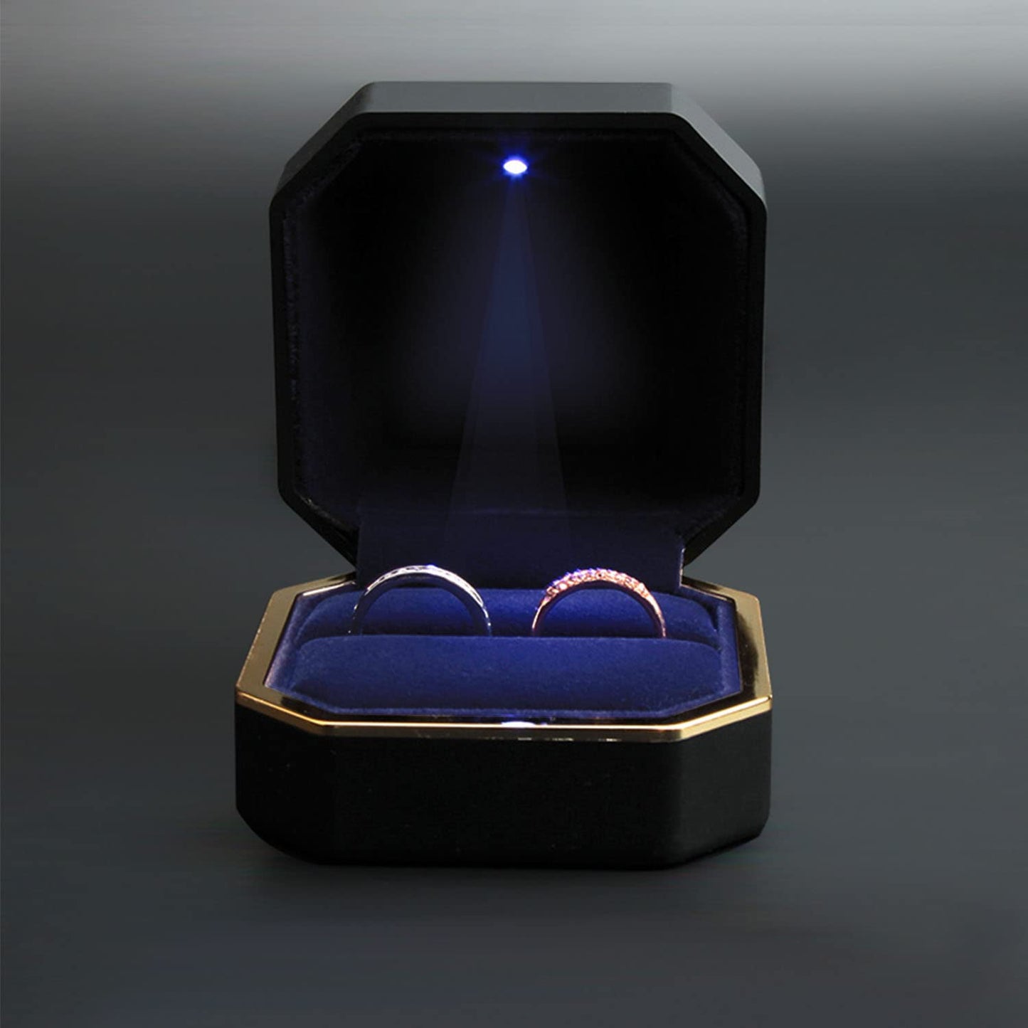 AVESON Luxury Ring Box, Square Velvet Wedding Ring Case Jewelry Gift Box with LED Light for Proposal Engagement Wedding, Black