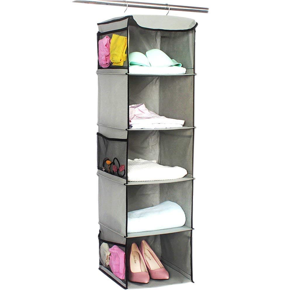 BrilliantJo Hanging Storage with 5 Shelves Wardrobe Closet Organiser, Storage Shelves Unit with 6 Pockets for Clothes - Grey(30 x 30 x 108cm) Gray