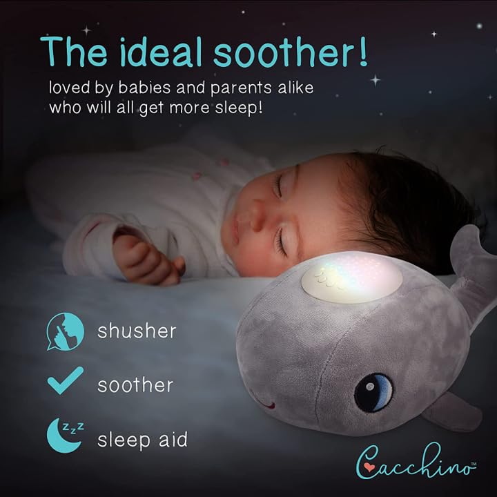 Cacchino’s Ben Baby Sleep Soother and Aid with Musical Baby Night Light Star Projector with Nursery Rhymes and Soothing Sounds, Heartbeat. The Soft Plush Whale is an Ideal Baby Gift. Grey