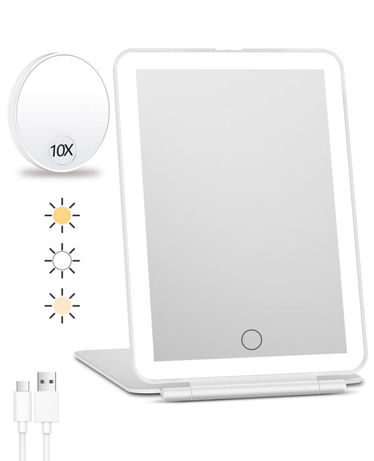 FUNTOUCH Rechargeable Travel Makeup Mirror with Lights, 10X Magnifying Mirror, Portable Lighted Vanity Mirror with 80 Led, 2000mAh Battery, 3 Color Lighting, Touch Dimming, Tabletop Light up Mirror White With 10x