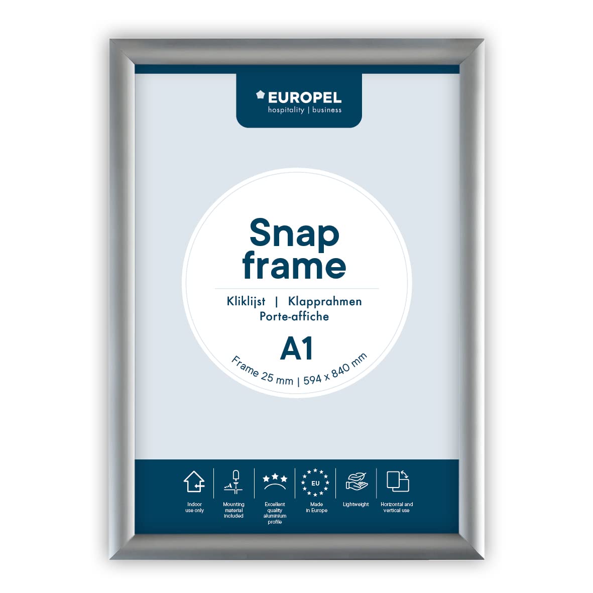 EUROPEL Snap Frame A1, 25 mm | Aluminium Anodised Construction & Anti-Glare Cover | Clip Poster Holders for Retail & Advertising Displays | Notice Sign Board Frame for Walls Silver Classic - 25 mm