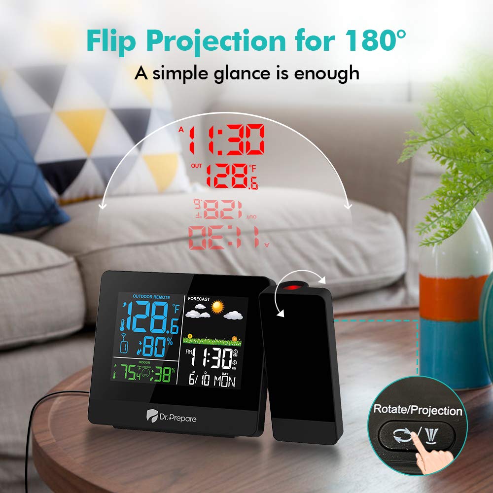 DR.PREPARE Projection Alarm Clock, Digital Projector Clock on Ceiling with Temperature Humidity Display, Weather Station with Outdoor Wireless Sensor, MSF, Weather Forecast, Snooze version 1.0