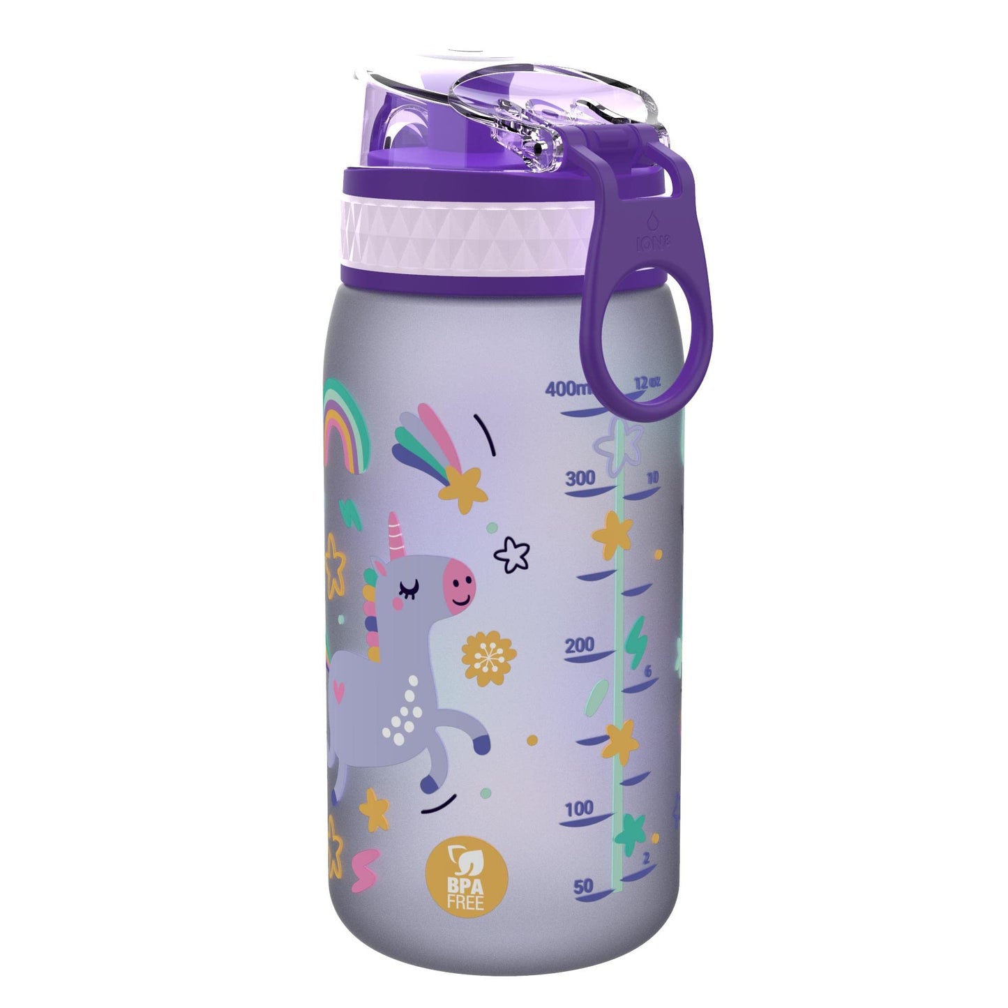 Ion8 Kids Water Bottle, Leak Proof, Easy to Open, Secure Lock, Dishwasher Safe, BPA Free, Carry Handle, Hygienic Flip Cover, Easy Clean, Odour Free, Unicorn Design OneTouch 1.0 Little Unicorns