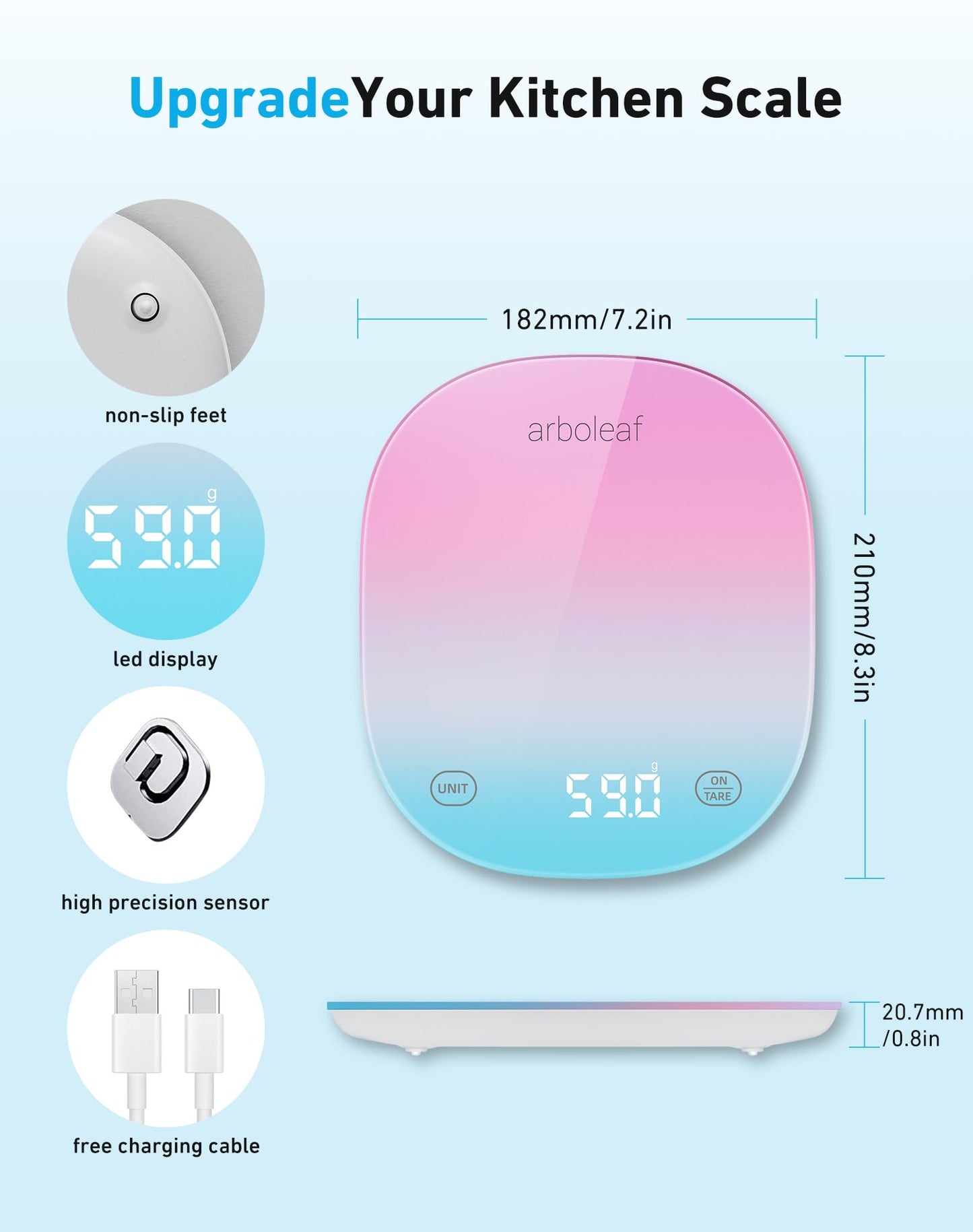 arboleaf Digital Kitchen Scales, Kitchen Scales Rechargeable, Weighing Scales Kitchen, Scales Kitchen with Bluetooth App, LED Display, Tare Function, 10kg/22lb, 0.5g/0.01oz increments, Pink