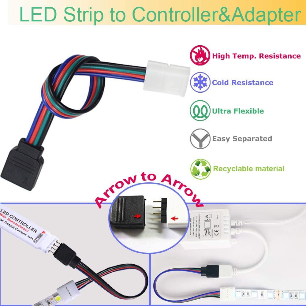 FSJEE 10mm 4pin 5050 RGB LED Strip Solderless Connector Kit- Includes 6.6FT Extension Cable,2 Way Splitter,L and T Shape connectors