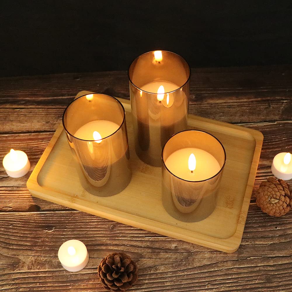 Eldnacele Gray Glass Flameless Candles Flickering with Remote, Battery Operated Warm Light LED Candles with Timer, Set of 3(D3'' x H4''/5''/6'') for Party Wedding Christmas Decoration 3d Wick-gray