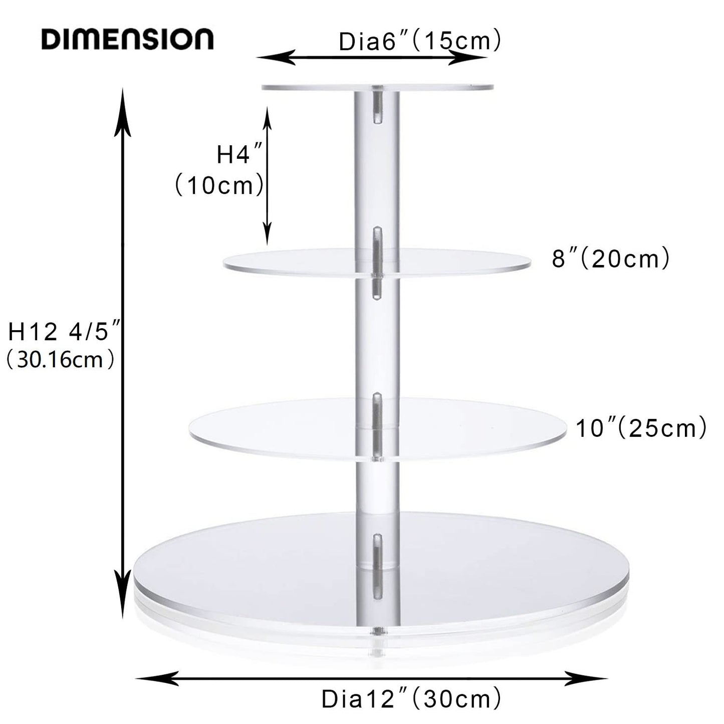 Cupcake Stand, ULIFEME 4 Tier Cake Stands, Round Acrylic Display Stands Cupcake Tower for Wedding, Birthday & Party, 6'' / 8'' / 10'' / 12'' Diameter Round Stand, 4 Inch Height, 4mm Thickness Acrylic