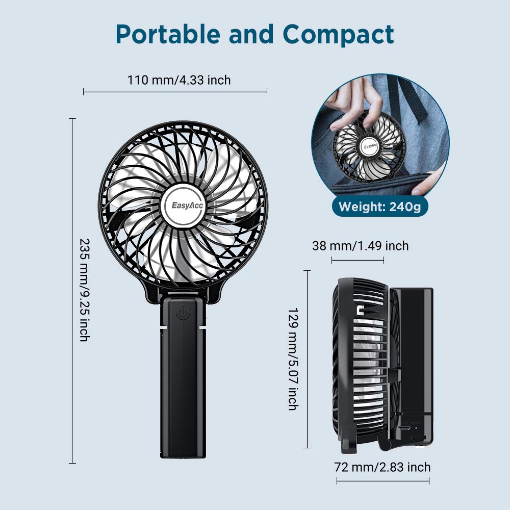 EasyAcc Handheld Portable USB Fan 3 Speeds 180° Foldable Powered Personal Mini Electric Fan With Rechargeable Battery Foldable Adjustable Speeds for Home Office Travel Outdoor - Black