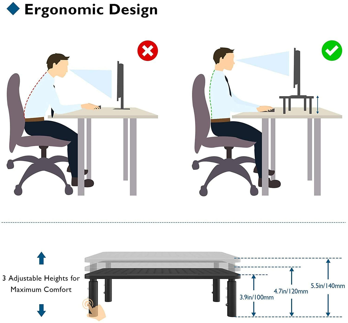 BONTEC Metal Monitor Stand, Ergonomic Height Adjustable Computer Monitor Riser for Desks with Cable Management for Laptop, Computer, iMac, PC up to 20KG(2 Pack) Black