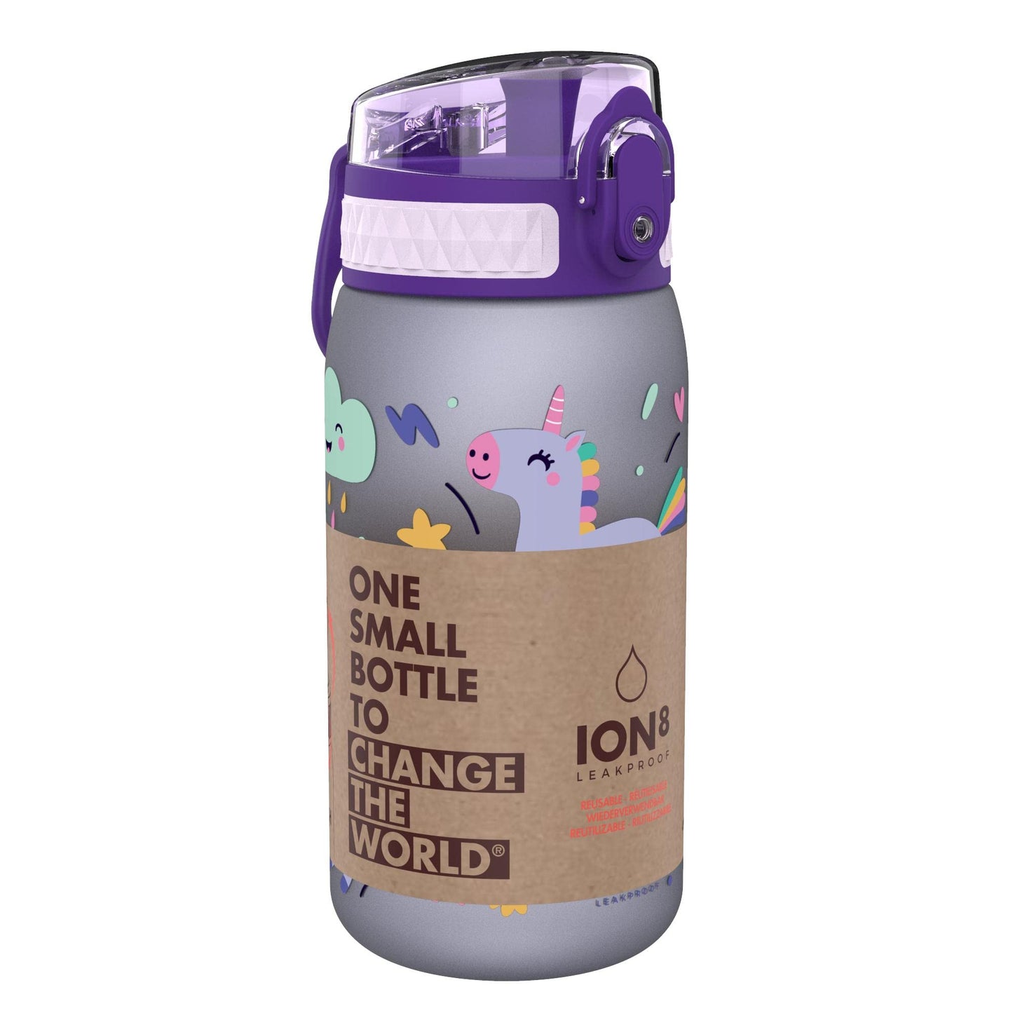 Ion8 Kids Water Bottle, Leak Proof, Easy to Open, Secure Lock, Dishwasher Safe, BPA Free, Carry Handle, Hygienic Flip Cover, Easy Clean, Odour Free, Unicorn Design OneTouch 1.0 Little Unicorns