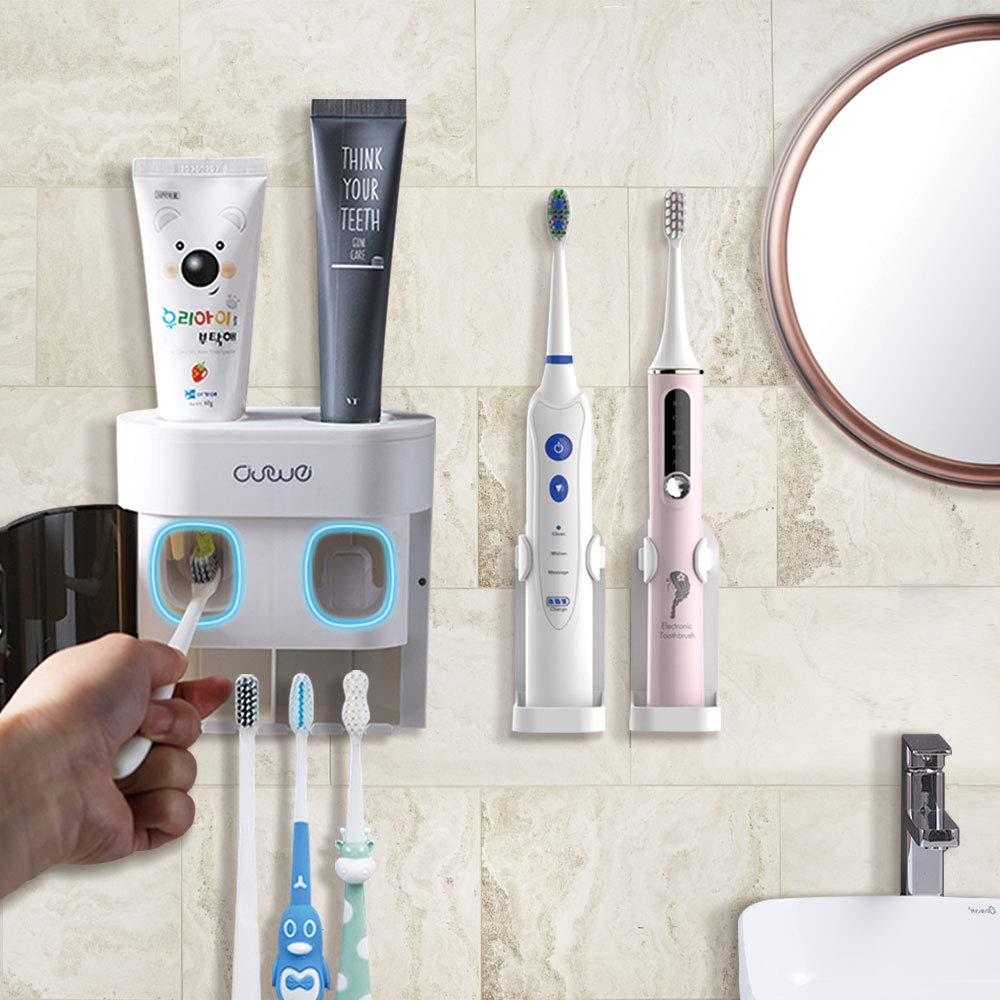 2 Automatic Toothpaste Dispenser Wall Mounted, Come with 2 Electric Toothbrush Holder, with Dustproof Cover, 4 Toothbrush Slots for Shower Bathroom