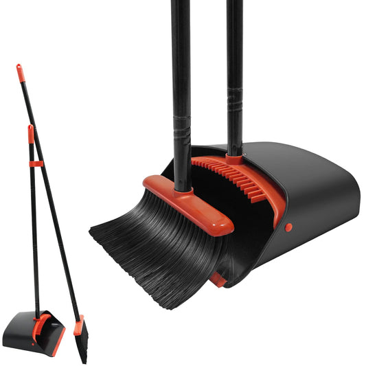 BEI & HONG Broom and Dustpan Set with Long Handle, Upright Stand Up Broom with Dustpan Combo, Heavy Duty Indoor Outdoor Broom and Dustpan Set Black for Home Kitchen Floor Use Orange