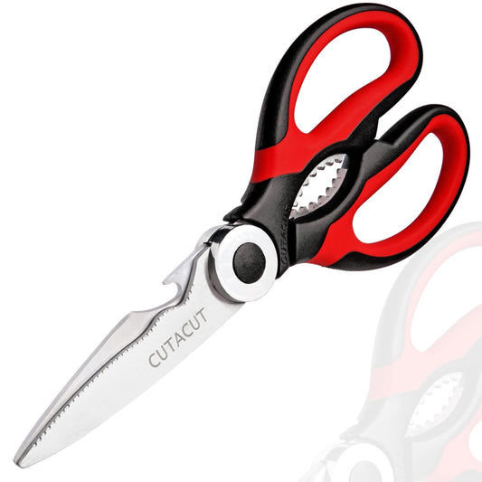 Cutacut Kitchen Scissors Stainless Steel Sharp Blades with TPR Grip - Multipurpose Kitchen Scissors Heavy Duty for Meat, Chicken, Fish, Vegetables, and Herbs – Bottle Opener. (Red) RED