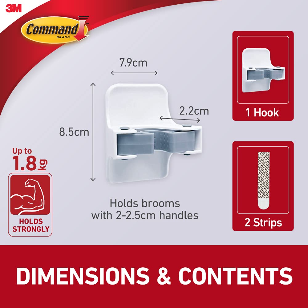 Command 17007-ES Plastic Broom Gripper, 1 Broom holder and 2 Adhesive Strips, Suitable for storing brooms and mops up to 1.8 kg, Multi-coloured 1 Broom Gripper