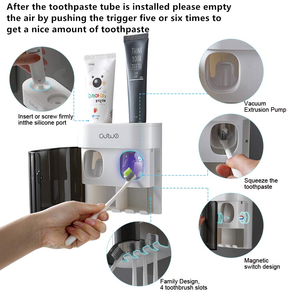 2 Automatic Toothpaste Dispenser Wall Mounted, Come with 2 Electric Toothbrush Holder, with Dustproof Cover, 4 Toothbrush Slots for Shower Bathroom