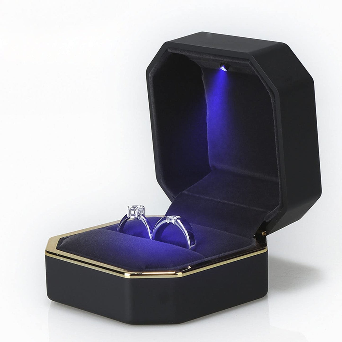 AVESON Luxury Ring Box, Square Velvet Wedding Ring Case Jewelry Gift Box with LED Light for Proposal Engagement Wedding, Black