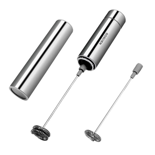 GOSCIEN 1 Milk Frother, Handheld Foam Maker, Portable Drink Mixer with 2 Whisk Head and One Storage Tube, Stainless Steel Silver