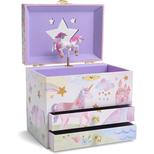 Jewelkeeper Unicorn Jewellery Box for Girls with 2 Pull-out Drawers, Glitter Rainbow and Stars Unicorn Design, The Beautiful Dreamer Tune - Girls Jewellery Box for Girls Birthday Presents Party Unicorn