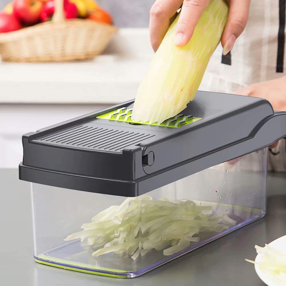 Alrens Vegetable Chopper - 12 in 1 Mandoline Slicer and Dicer with 7 Replaceable Stainless Steel Blades - Manual Cheese Slicer and Onion Chopper for Easy Cutting of Fruits and Vegetables Black