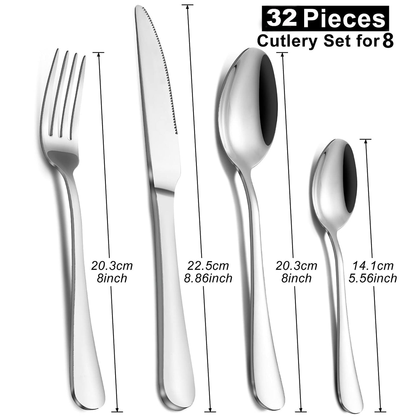 Cutlery Set, Pleafind Cutlery Set for 8, 32 Piece Silverware Set, Stainless Steel Knife and Fork Set, Flatware Set, Mirror Polished, Dishwasher Safe Silver Premium-32piece