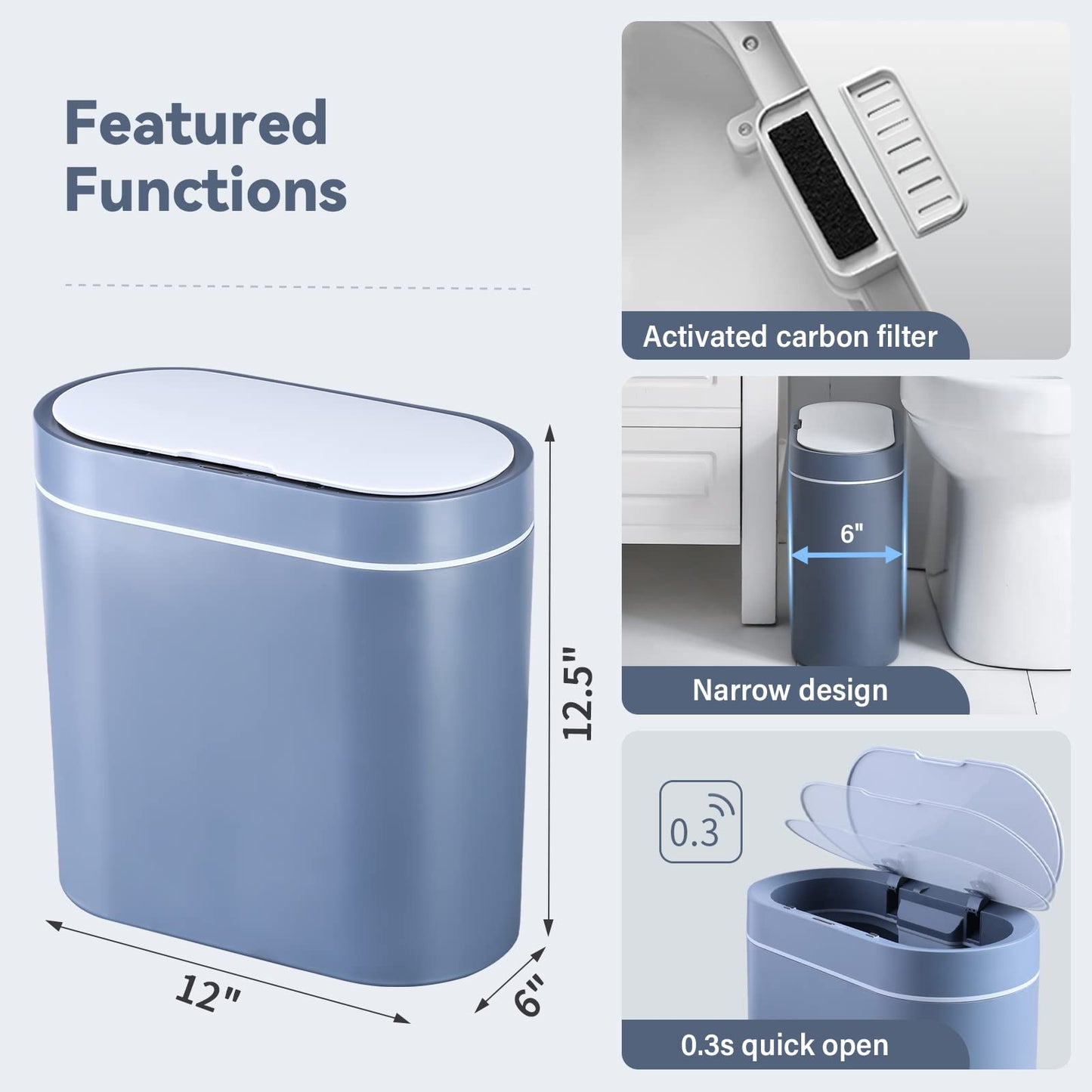 ELPHECO Bathroom Trash Bin, 9.5 Litres Waterproof Motion Sensor Small Bathroom Trash Can with Lid, 2.5 Gallon Slim Plastic Narrow Bedroom Trash Can, Grey 9.5 Litre Blue-grey