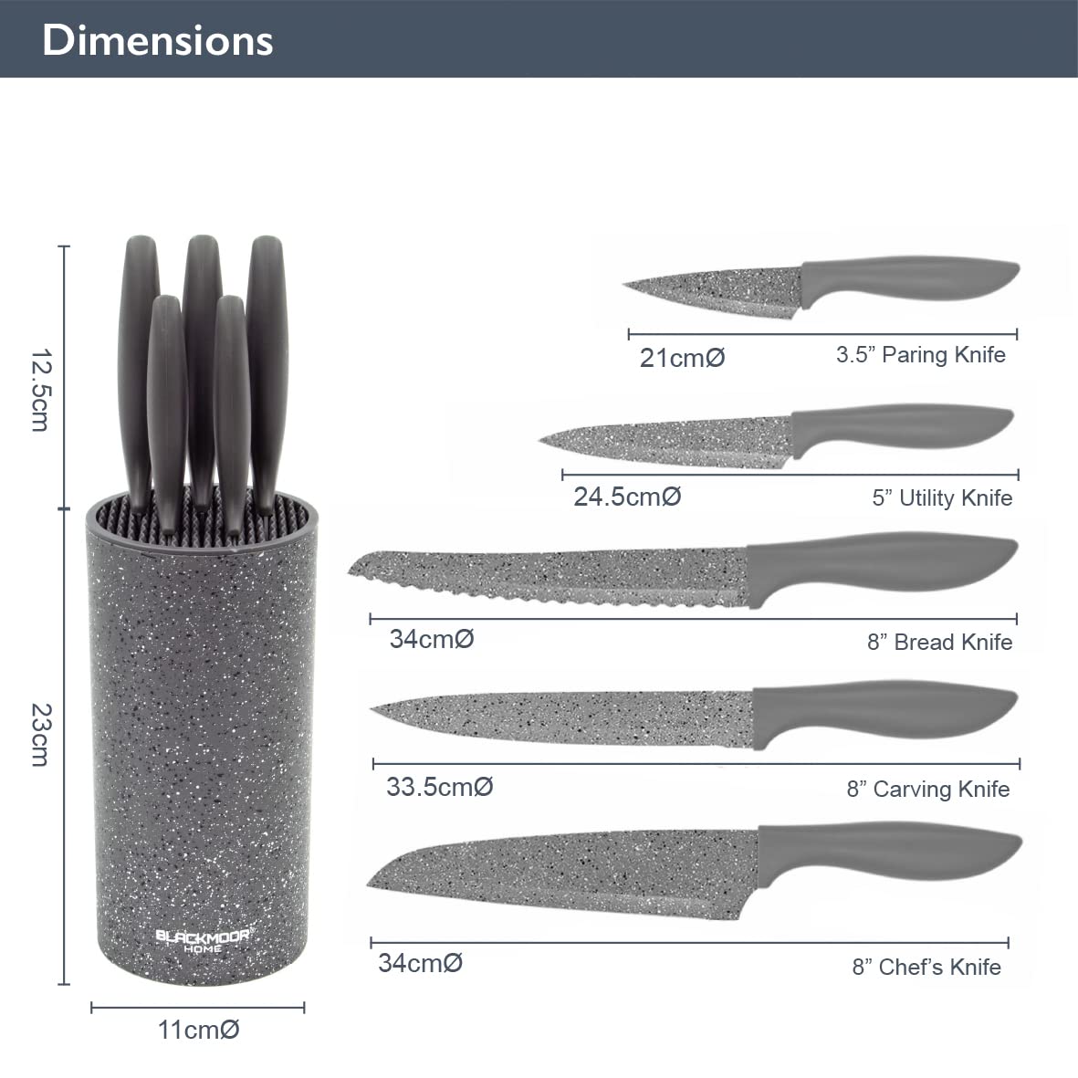 Blackmoor 66919 5-Piece Knife Set / Comes with Freestanding Storage Block / Stainless Steel Knives / Non-Stick Grey Marble Coating / Easy Clean / Modern & Stylish Kitchen Accessory