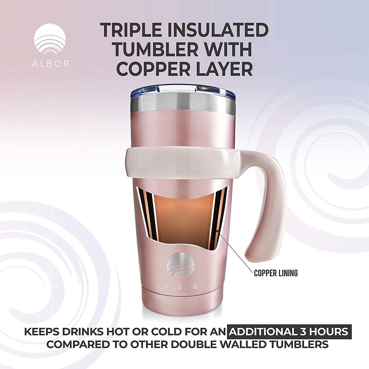 ALBOR Travel Mug with Handle Stainless Steel 20.3 oz/600ml - Insulated Thermal Mug with Handle - Thermal Cup for Hot Drinks - Insulated Cup - Tumbler with Straw and Lid Glitter Rose Gold 600 ml