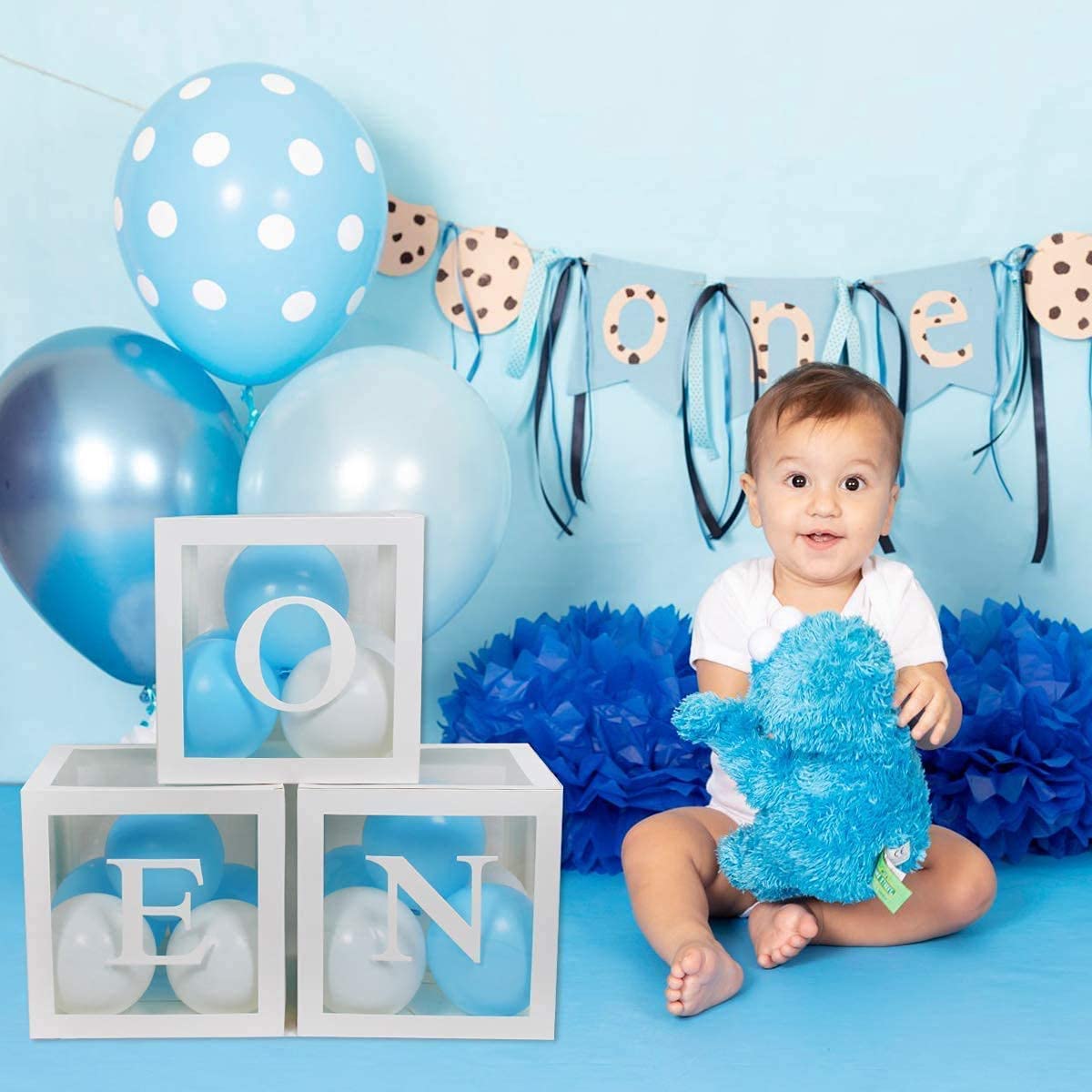 First 1st Birthday Decorations for Boys, 3Pcs White ONE Balloon Boxes with ONE Letter, One Boxes for 1st Birthday Backdrop, Balloon Blocks for First Birthday Decorations, One Year Old Party Supplies