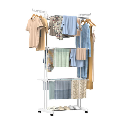 Innotic Clothes Drying Rack 4-Tier Foldable Standing Washing Airer Large Space Movable Laundry Hanger Dryer for Home Garden Storage Indoor (White-Grey) White-grey