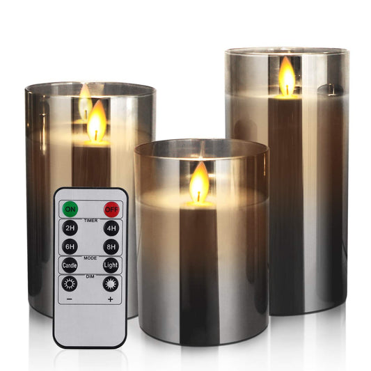 YMing LED Flameless Candles with Timer & Remote Control, Real Wax Moving Effect Flickering Grey Glass Candles Gift Set, Set of 3 Battery Operated Pillar Candles, 4" 5" 6"