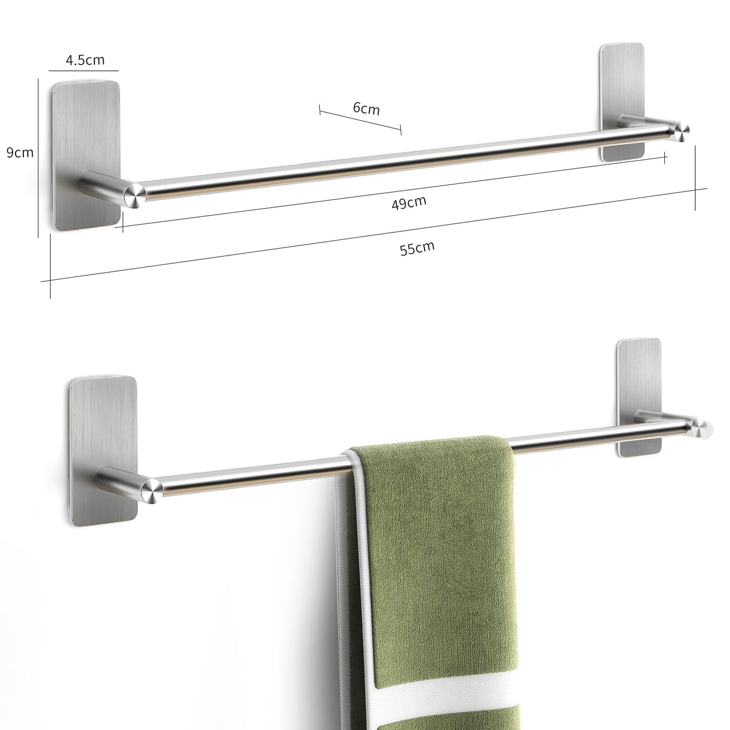 JS Towel Rail Holder Self Adhesive Towel Rack Brushed Stainless Steel Towel Bar for Bathroom Kitchen Cloths Hanger Single Rod No Drill Sliver 55cm