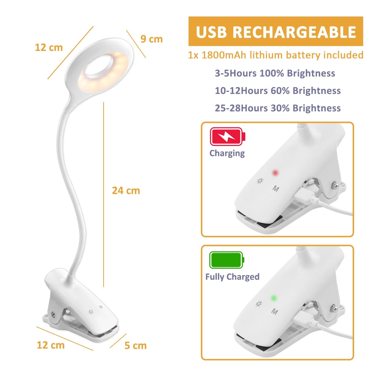 Akynite 3W Rechargeable LED Clamp Desk Lamp Flexible, 3 Colour & 3 Brightness, Touch Control Bedside Lamp Dimmable, Wireless Battery Operated LED Book Reading Light Clip on Bed for Kids, White