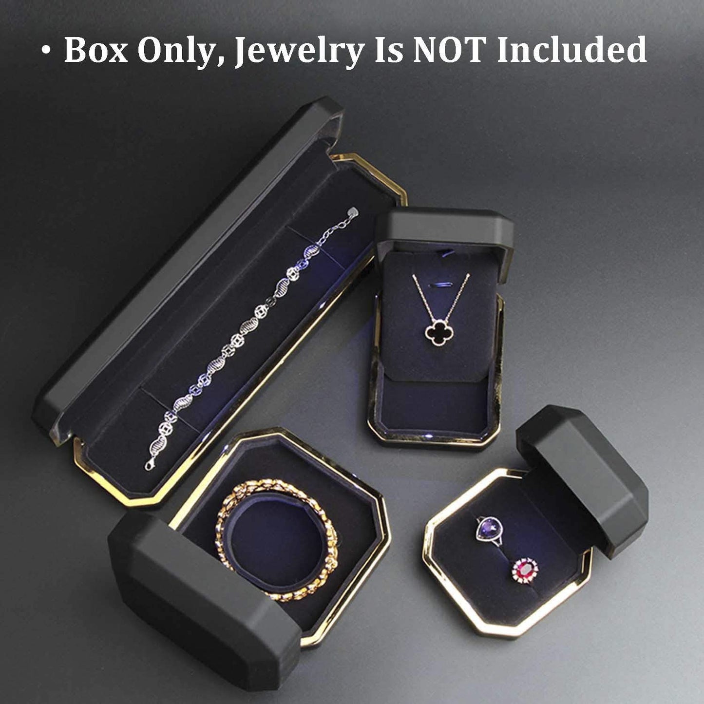 AVESON Luxury Ring Box, Square Velvet Wedding Ring Case Jewelry Gift Box with LED Light for Proposal Engagement Wedding, Black