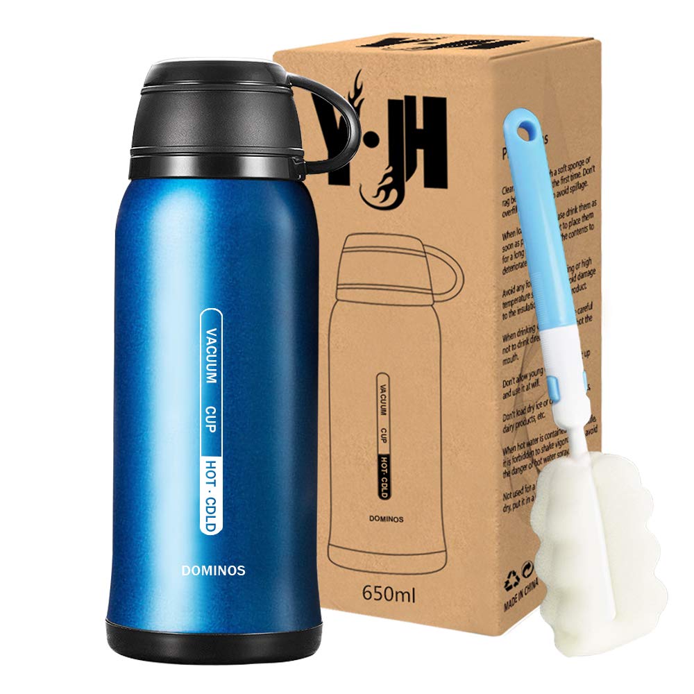 Y·J&H Double Walled Vacuum Insulated Bottle with Cup - Stainless Steel Thermo Flask - Reusable Drinking Water Bottles BPA Free - for Kids & Adult, Sports, Outdoor, Office - 650ml Blue