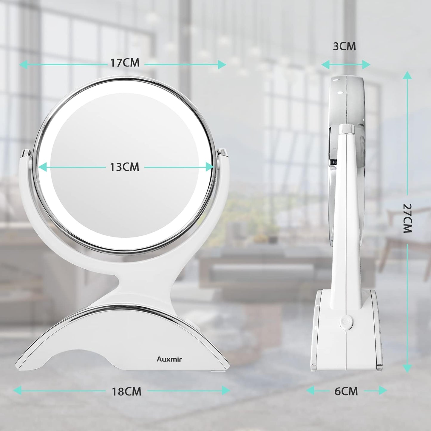 Auxmir 1X / 10X Magnifying Makeup Mirror With Light, Double Sided Rechargeable Mirror with Adjustable Brightness, 360° Rotation Cosmetic Mirror for Dressing Table, Bathroom, Bedroom