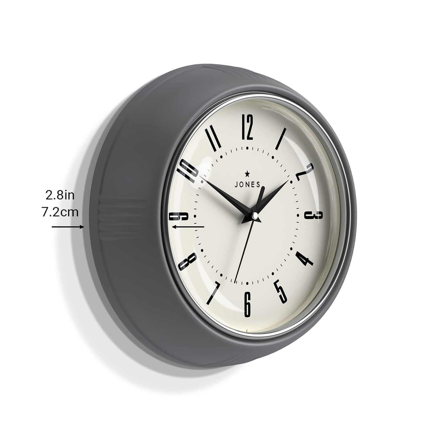 Jones Clocks® Ketchup Clock – Retro Wall Clock. Round clock with easy-to-read numbers for kitchen clock, office clock, living room clock. Size: Small clock, 25cm. Colour: Grey clock.