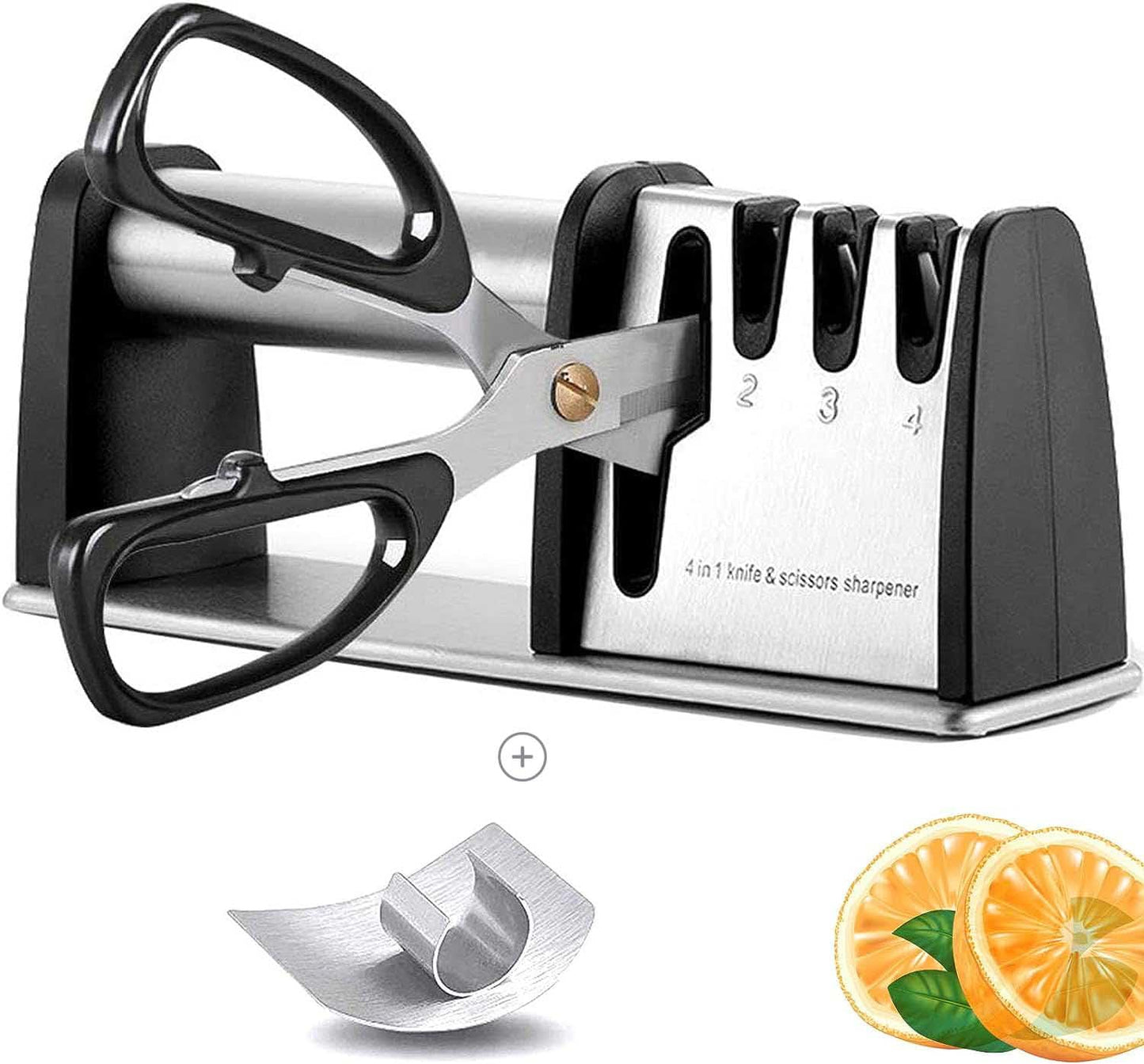 Knife Sharpener with 4 in 1 and Finger Protection Knife sharpeners Best Grinding Grooves are Made of Diamond Tungsten Steel and Ceramic Knives Sharpener Safe and Non-Slip. Black + Finger Guard