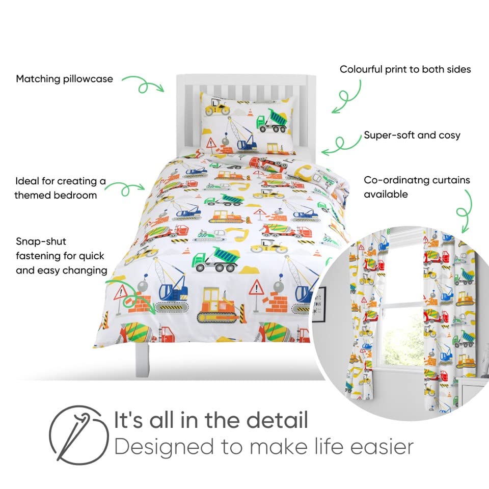 Bloomsbury Mill - Construction Vehicles - Trucks, Diggers & Cranes - Kids Bedding Set - Junior/Toddler/Cot Bed Duvet Cover & Pillowcase Cotbed Duvet Set