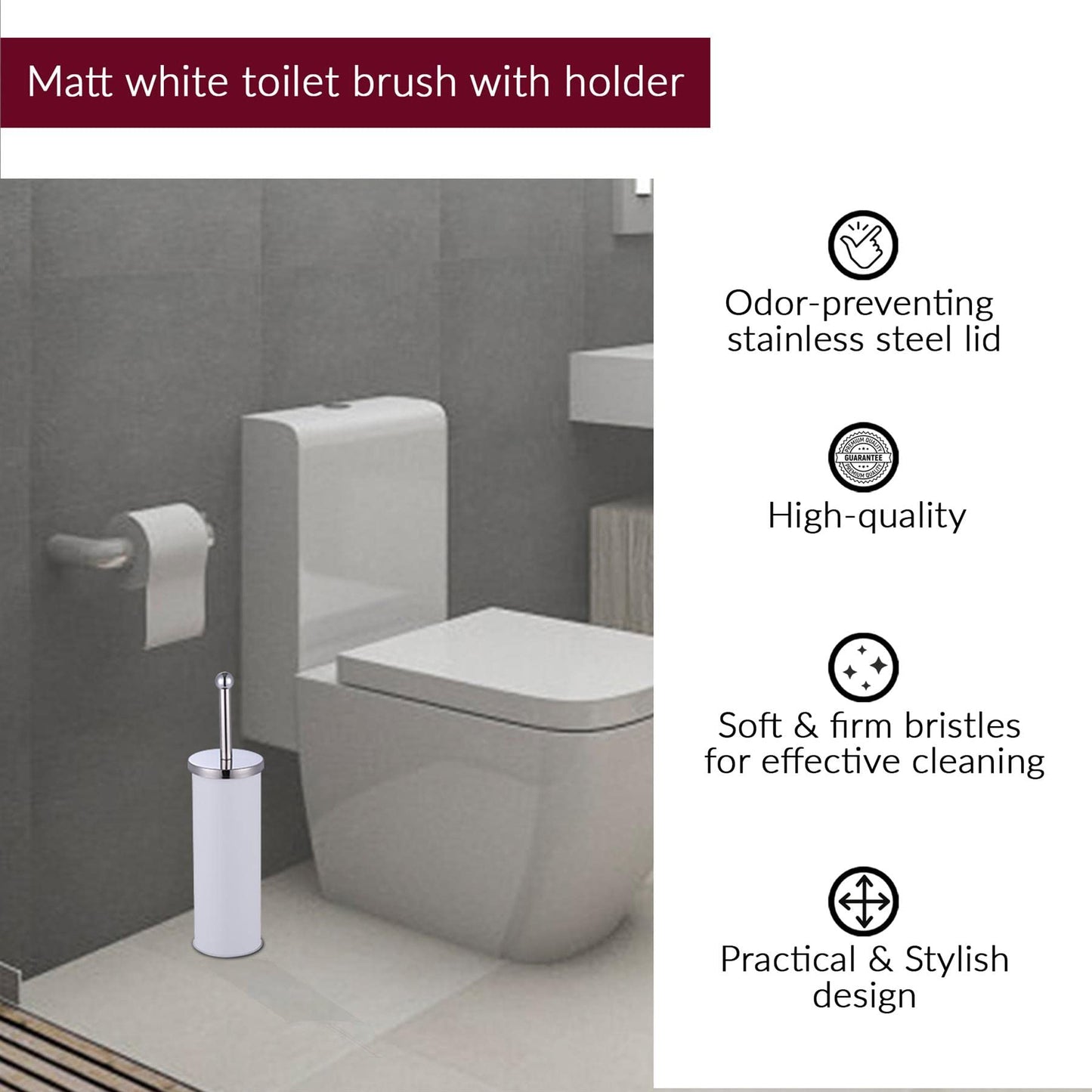 iTrend 3L Pedal Dustbin and Toilet Brush with Holder set - Bathroom Accessory - Powder Coated Steel Bin with lid - Toilet Brush with Stainless Steel Handle, Round Lid and Dense Bristles - White White Bin+brush