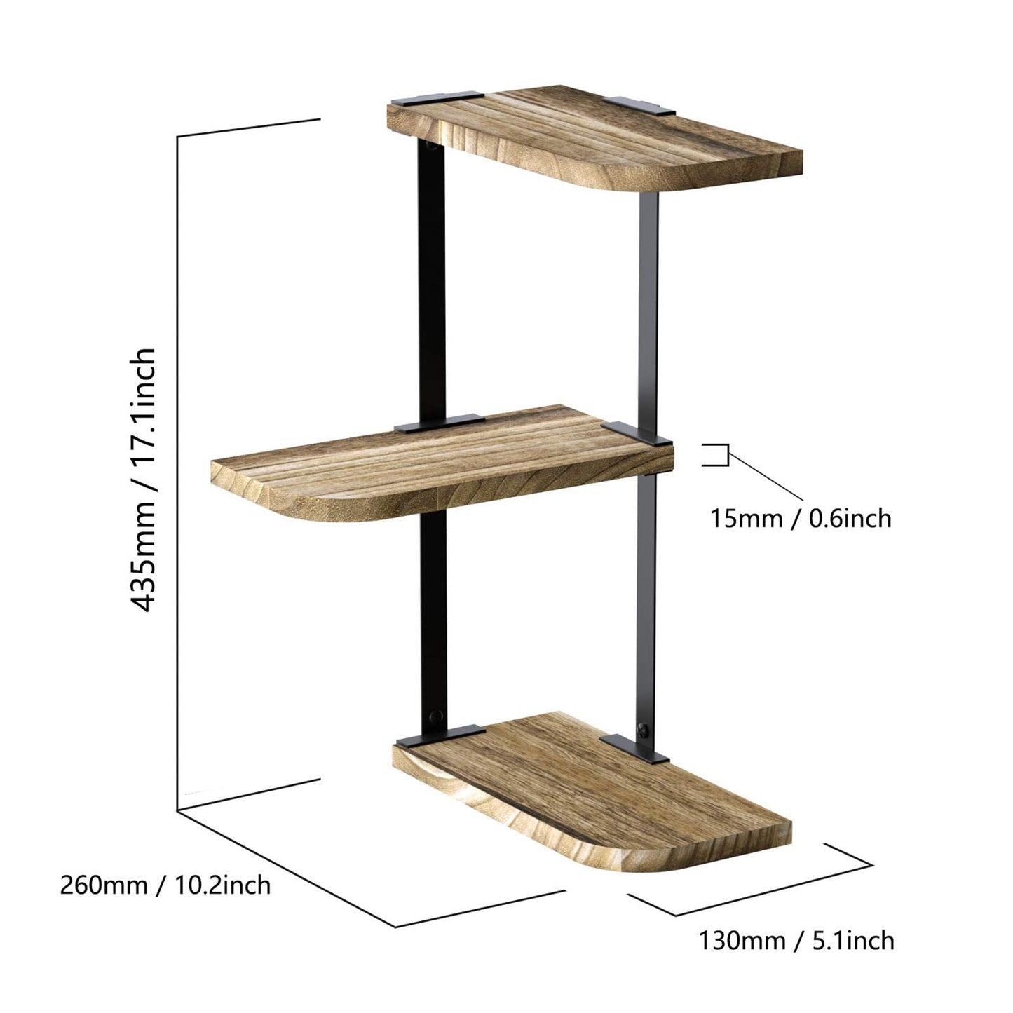 Love-KANKEI Corner Shelf, 3 Tiers Rustic Wood Floating Shelves for Bedroom, Living Room, Bathroom, Kitchen and Office etc, Carbonized Black