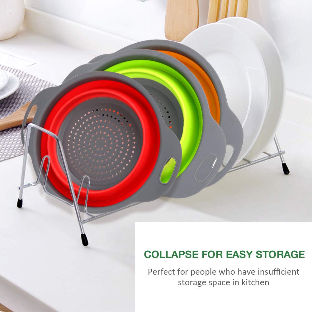 Collapsible Colander Set of 3 - Silicone Kitchen Strainers with Plastic Handles - 4 Quart & 2 Quart Sink Colander for Draining Pasta, Vegetables, Fruits (Green, Orange, Red) Orange+green+red 4qt(2pcs)+2qt(1pc)