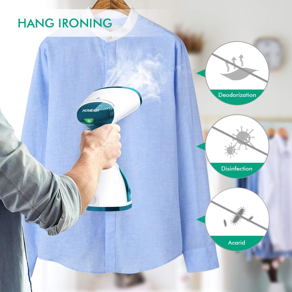 Clothes Steamer, HOMEASY Steam Iron Handheld Garment Steamer Wrinkle Remover Clothing Steamer with Fast Heat-up for Home and Travel Green