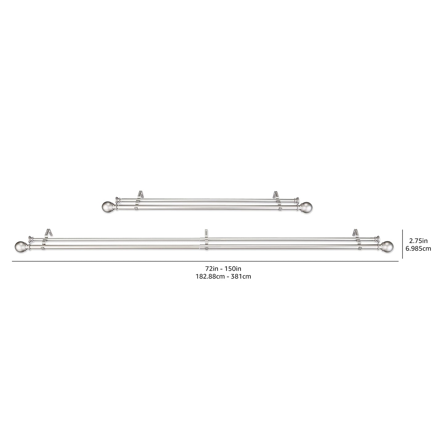 Amazon Basics 2,54 cm Double Curtain Rod with Round Finials, 1,83 to 3,65 m, Nickel 1-Inch Double