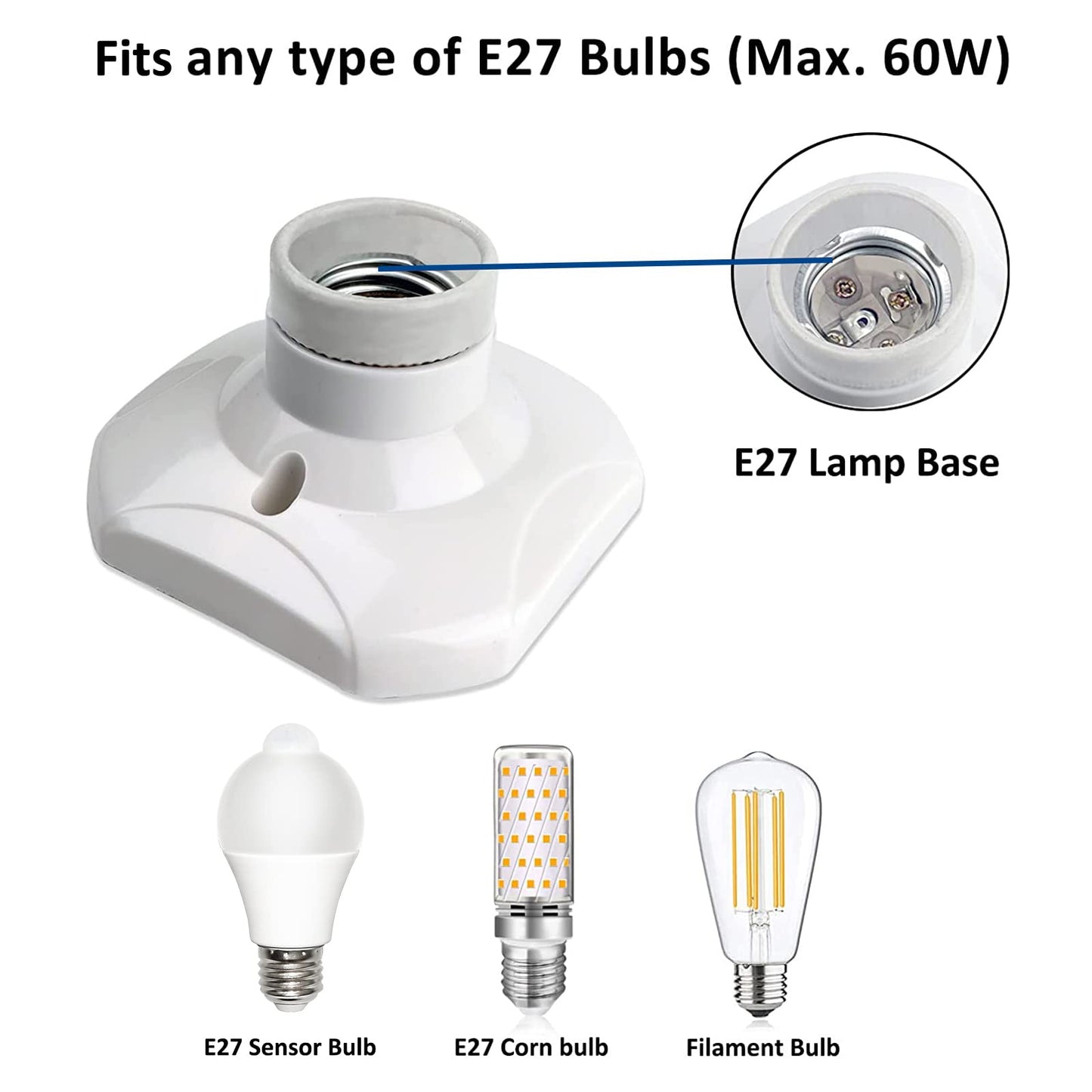 E27 Screw Light Bulb Socket Holder, E27 Lamp Holder Base, Edison Screw E27 Wall Socket, Ceiling Light Fitting, AC 220-250V, White, 2pcs 2 pcs